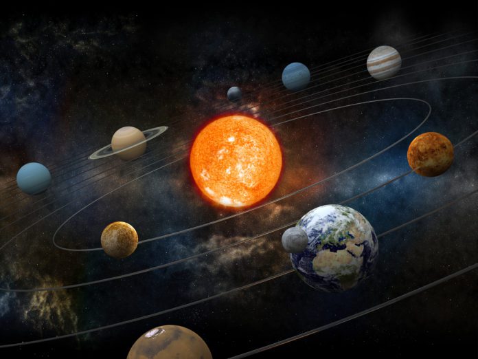Sun and nine planets orbiting